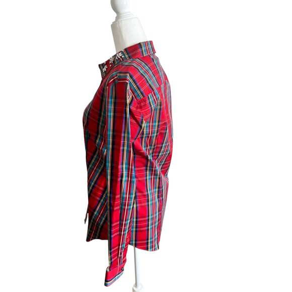 NWT Red Plaid Button Down Shirt Christmas Charter Club US 6 Rhinestones - Picture 2 of 13